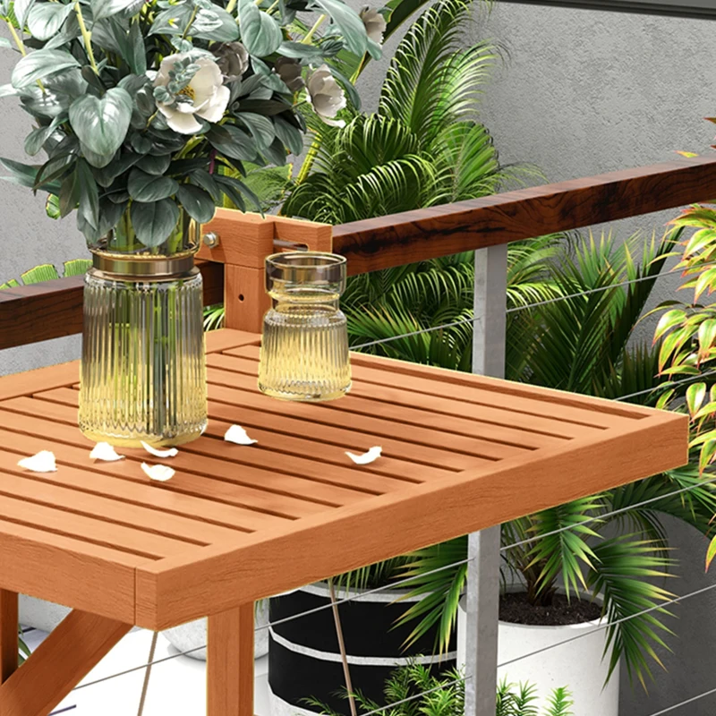 Outsunny Tavolino da Ringhiera per Balcone Pieghevole e Regolabile in Legno, Colore Teak