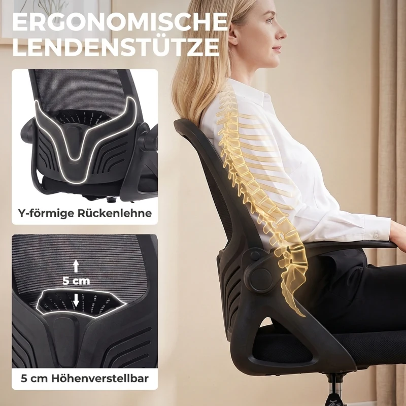 HOMCOM Fotel kreślarski z regulowaną podpórką lędźwiową, funkcją obrotu, siatkowym obiciem, składanymi podłokietnikami, regulacją wysokości i pierścieniem podnóżka, czarny