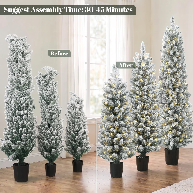 HOMCOM Prelit Snowy Flocked Artificial Christmas Tree Set of 3, Slim Xmas Tree with PVC Tips, 3FT+4FT+5FT