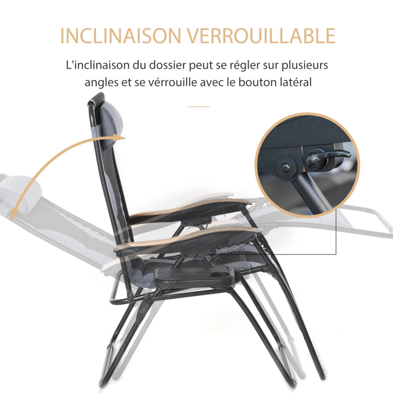 Outsunny Chaise Longue Pliable zéro gravité Dossier réglable Tablette tétière métal époxy Polyester Coton Gris Noir