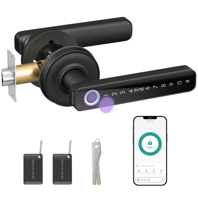 HOMCOM Serrure de Porte Intelligente, 5 Accès par Empreinte, Code, Carte NFC, Application Tuya/Smart Life et Clé, Noir