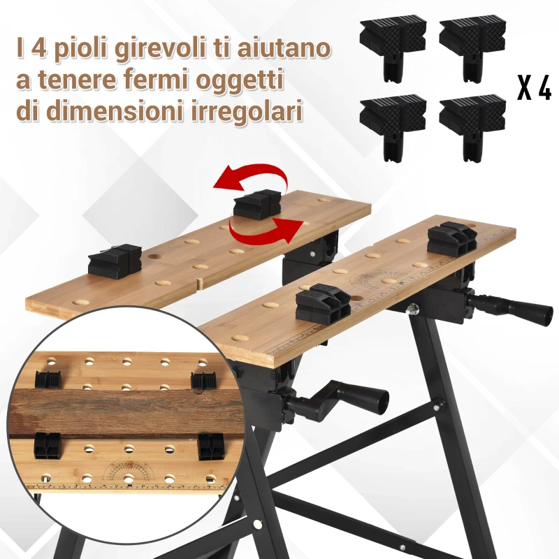HOMCOM Banco da Lavoro Pieghevole con 4 Morse, Riga e Goniometro, Portata 150 kg, Nero e Legno