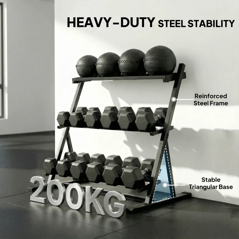 SPORTNOW 3-Tier Adjustable Dumbbell Rack, Heavy-Duty Weight Rack for Dumbbells, Kettlebells and Multiple Balls, Space-Saving Weight Storage Stand for Home Gym, 200 KG Capacity