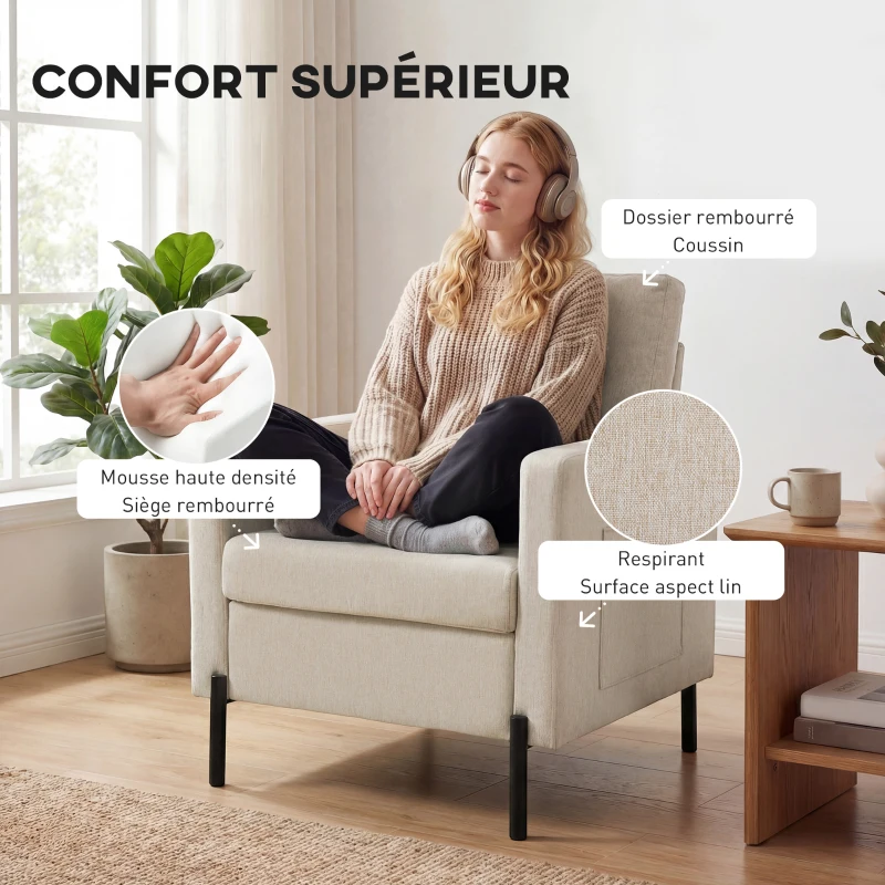 HOMCOM Fauteuil de salon, canapé 1 place rembourré avec accoudoirs, assise large et pieds en acier, 73 x 77 x 87 cm, beige