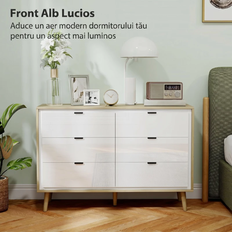 HOMCOM Comodă cu 6 Sertare din Lemn pentru Dormitor, 110x40x75 cm, Alb Lucios și Stejar