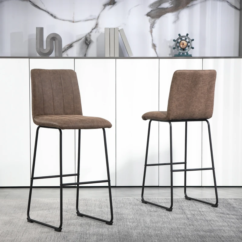 HOMCOM Set 2 Scaune de Bar Moderne cu Suport pentru Picioare și Spătar, din Piele PU și Oțel, 44x50x109 cm, Maro Închis
