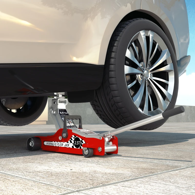 HOMCOM Hydraulic Low Profile Floor Jack, 2.5 Tonne Heavy Duty Steel Trolley Car Jack Lift with 80-360 mm Lifting Range, Wheels, Top Handle, Red