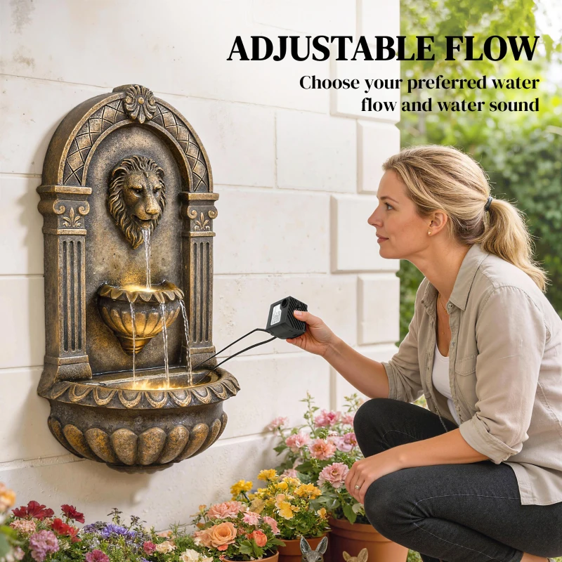 Outsunny Wall-Mounted Water Fountain, 3-Tier Cascading Waterfall with LED Lights and Adjustable Flow for Patio, Rustic Brown