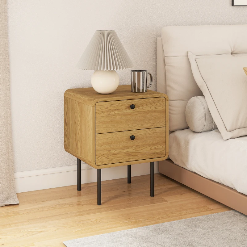 HOMCOM Bedside Table with 2 Drawers and Steel Legs - Oak