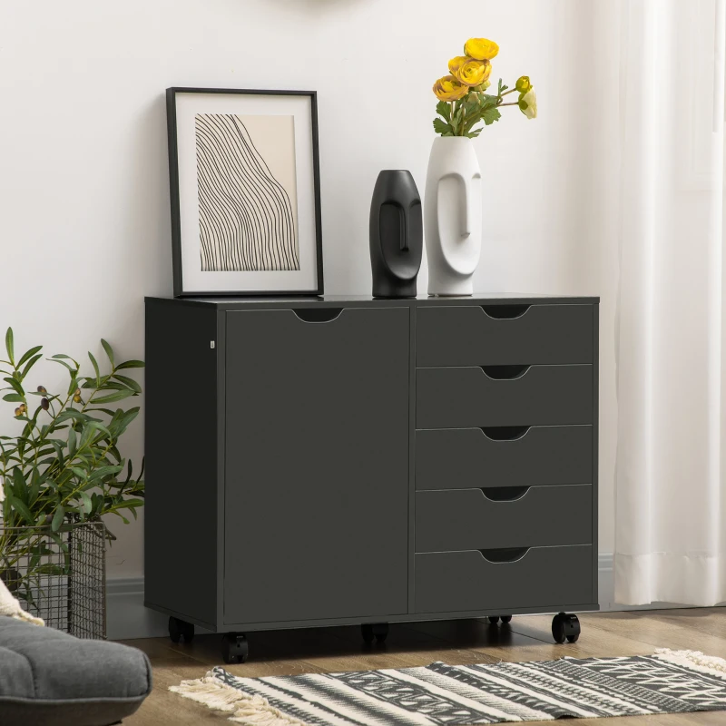 HOMCOM Caisson de bureau avec 5 tiroirs 1 porte étagère réglable, support imprimante sur roulettes, 78x40x66,5 cm, noir
