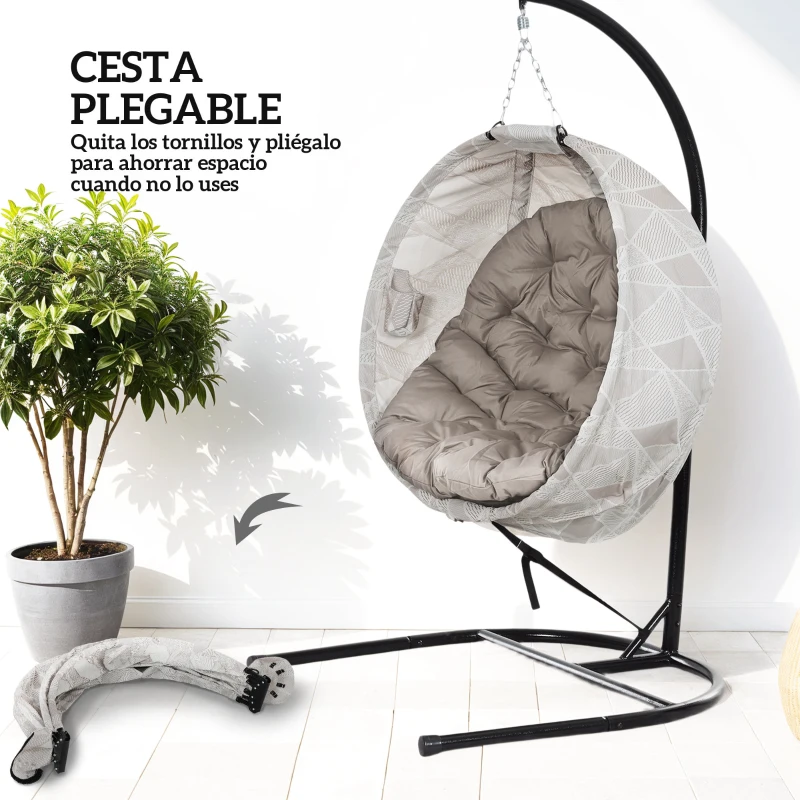 Outsunny Silla Colgante con Soporte Cesta Plegable de Malla Doble Cojín para Interior y Exterior Carga 120 kg Arena y Negro