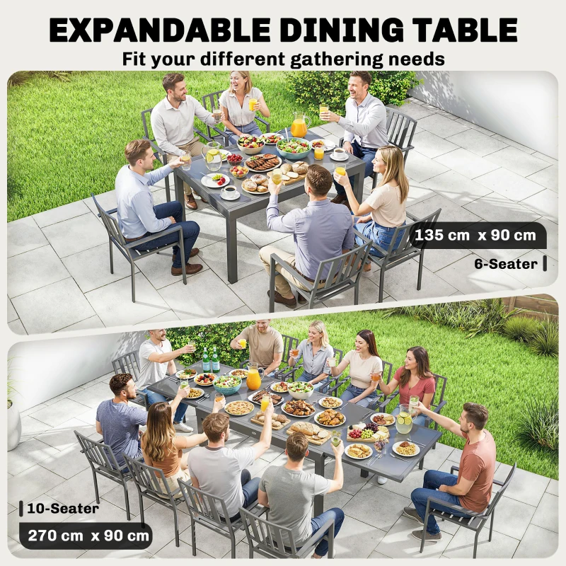 Outsunny Extending Garden Table for 6-10, Aluminium Outdoor Dining Table with Tempered Glass Top, Grey