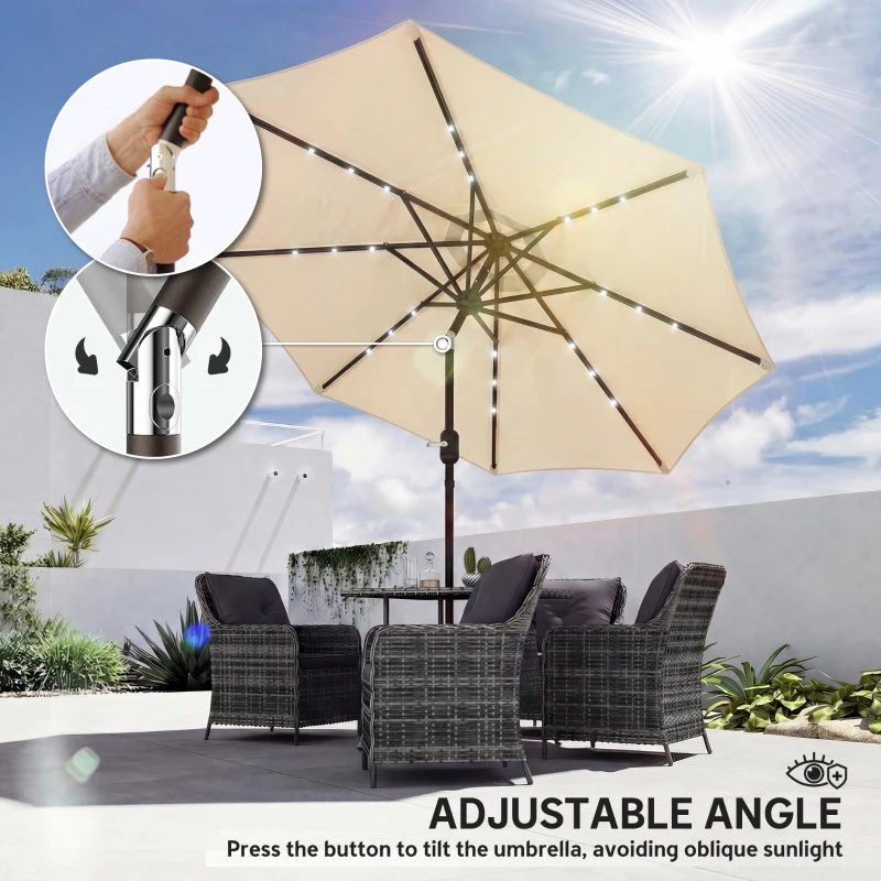Outsunny 2.6 m Garden Parasol Umbrella with LED Solar Light, Parasol Cover, Outdoor Market Patio Umbrella, Beige