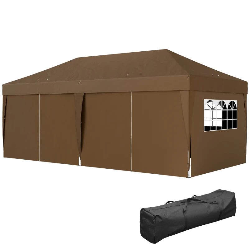 Outsunny Tonnelle de jardin exterieur tonnelle pliante 3 x 6 m avec 6 parois latérales, sac de transport inclus, café