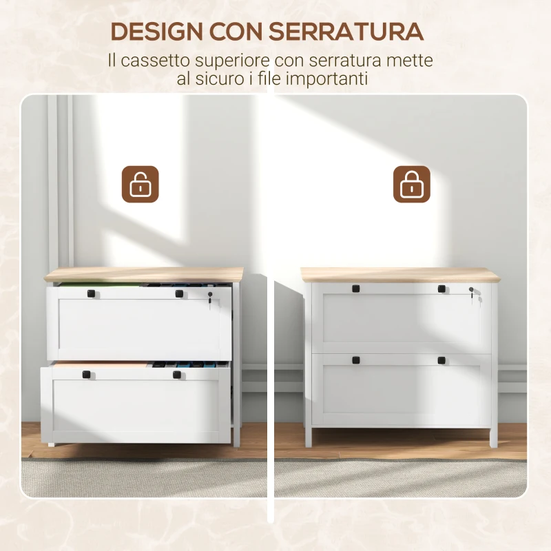 HOMCOM Armadietto Portadocumenti con 2 Cassetti per Cartelle A4, Serratura e Chiavi, 76x40x76cm, Bianco