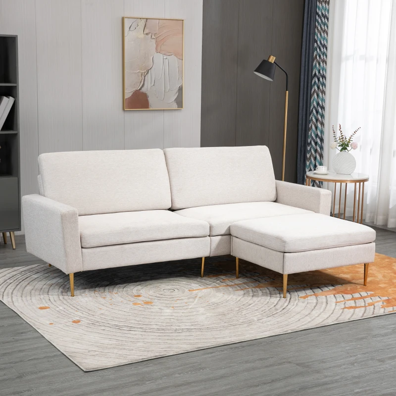 HOMCOM Canapea extensibilă 3 locuri din material textil, cu suport pentru picioare și spătar reglabil în 5 poziții, 213x91x83cm, crem(m-10)