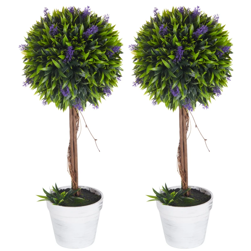 HOMCOM Set 2 Piante Artificiali Verdi a Sfera con Fiori di Lavanda e Vaso con Muschio e Cemento, Ø24x60 cm
