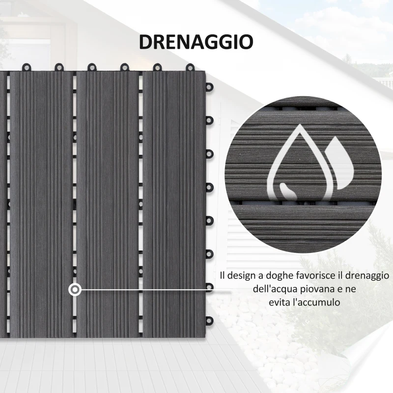 Outsunny Piastrelle da Giardino Incastrabili Set da 11 Mattonelle per Esterno 30x30cm Grigio