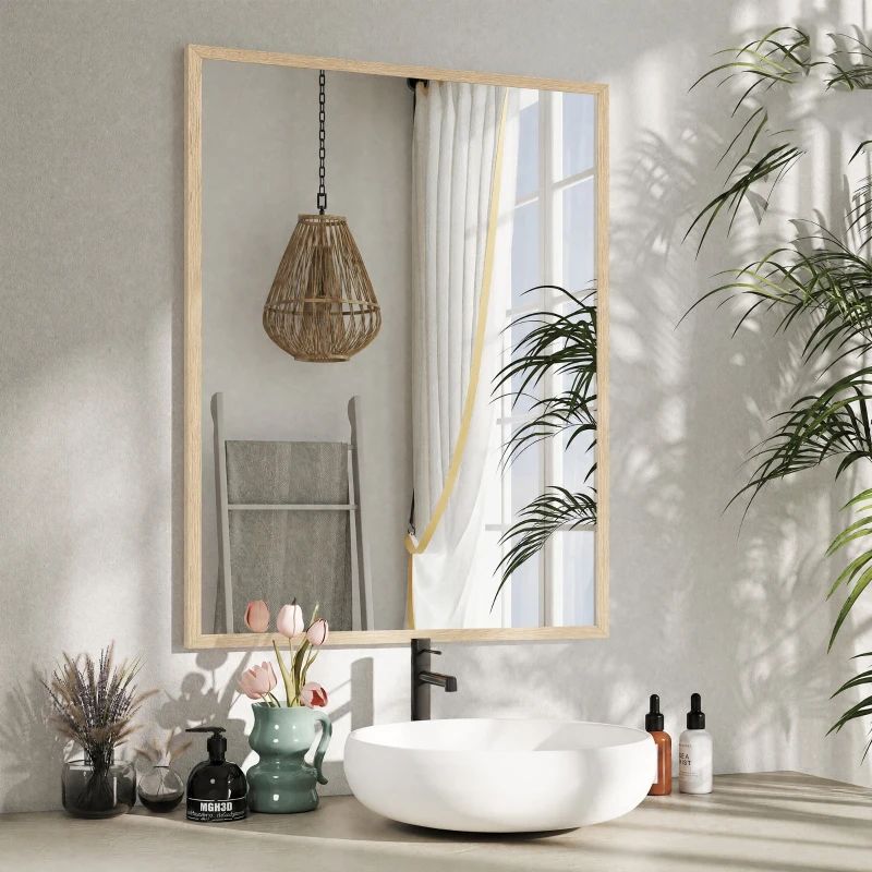 HOMCOM Miroir mural rectangulaire 90 x 70 cm, cadre en bois, idéal pour la salle de bain, salon ou chambre, naturel