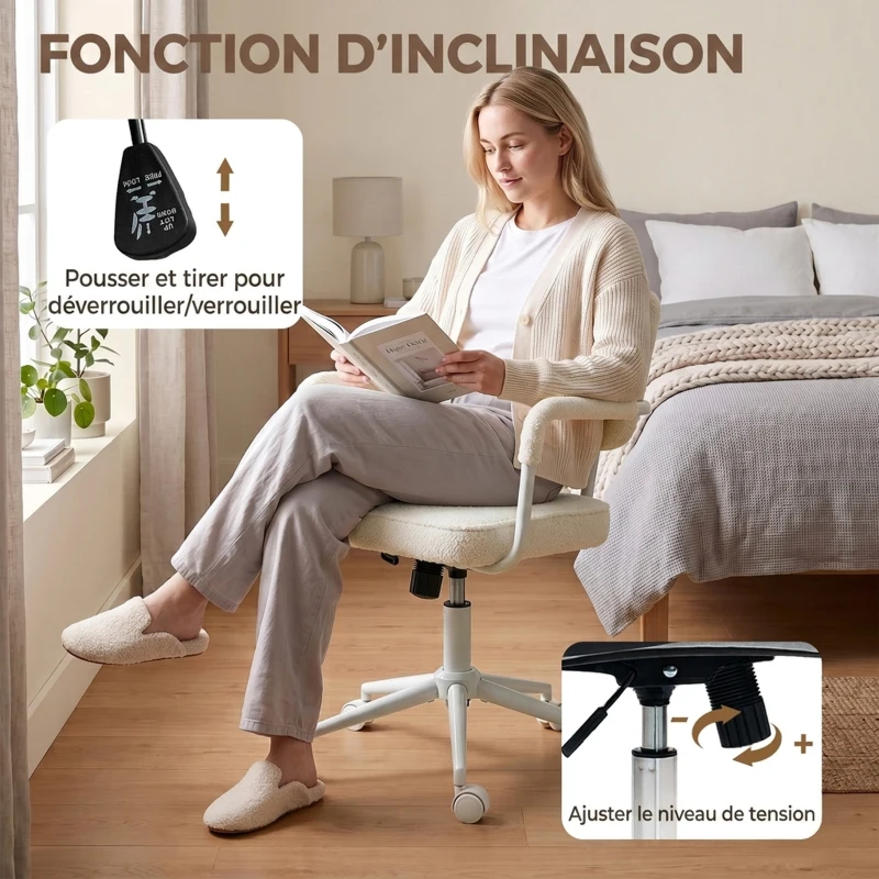 HOMCOM Chaise Bureau Ergonomique, Fauteuil de Bureau en Tissu Bouclette avec Hauteur Réglable, Fonction Bascule, Crème