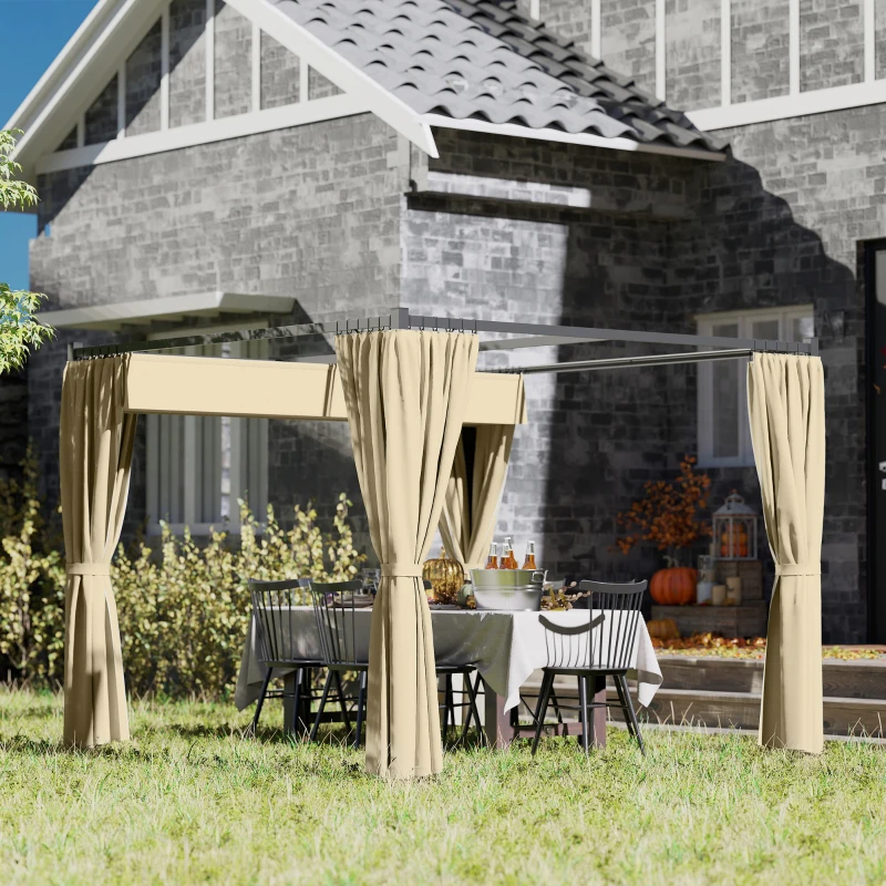 Outsunny 3 x 3m Retractable Roof Pergola, with Curtains - Khaki