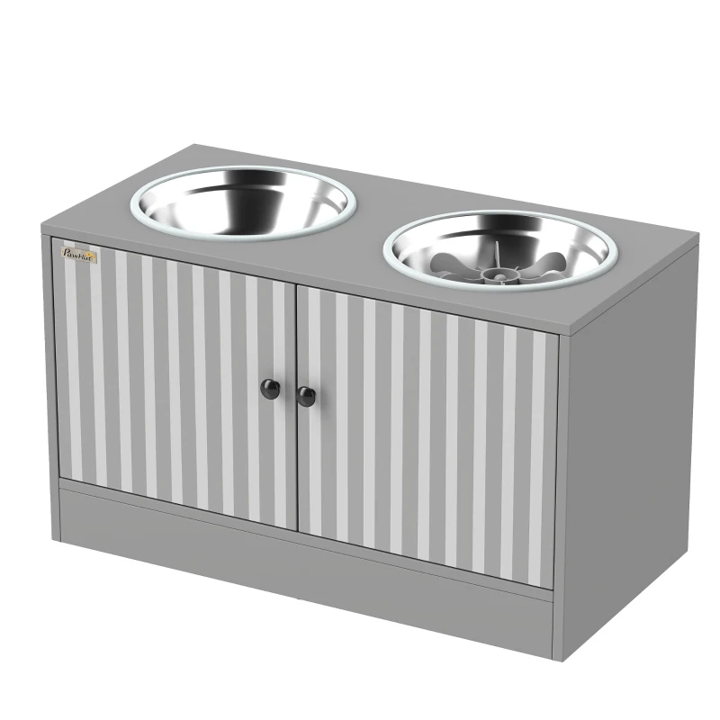 PawHut Hundefutterstation mit 2 Edelstahl-Näpfen, Schrank für Utensilien, für große Hunde, Zubehör, Grau