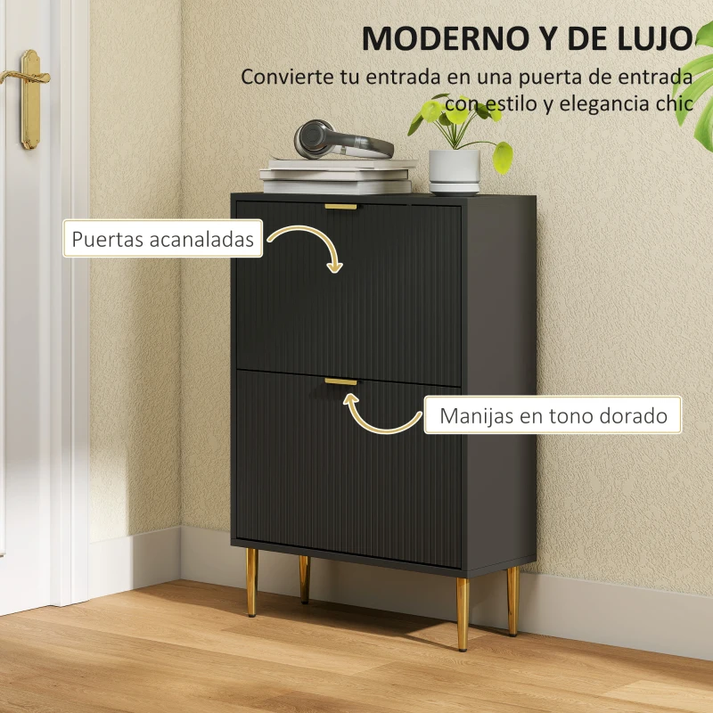 HOMCOM Zapatero Estrecho con 2 Puertas Acanaladas con Estantes Ajustables para 12 Pares de Zapatos 60x24x91,5 cm Negro