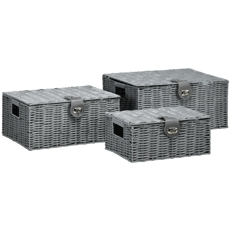 HOMCOM 3 Cestas de Almacenaje de Plástico Símil Mimbre con Tapa y Pestillo de Diferentes Tamaños para Decoración Gris