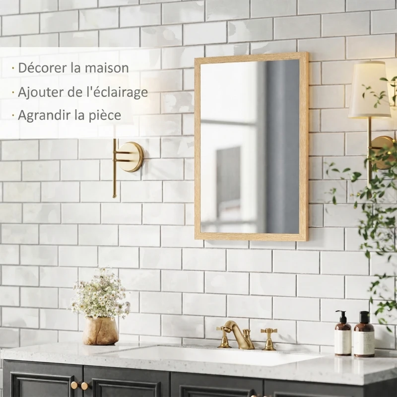 HOMCOM Miroir mural rectangulaire 50 x 70 cm, cadre en bois, idéal pour la salle de bain, salon ou chambre, naturel