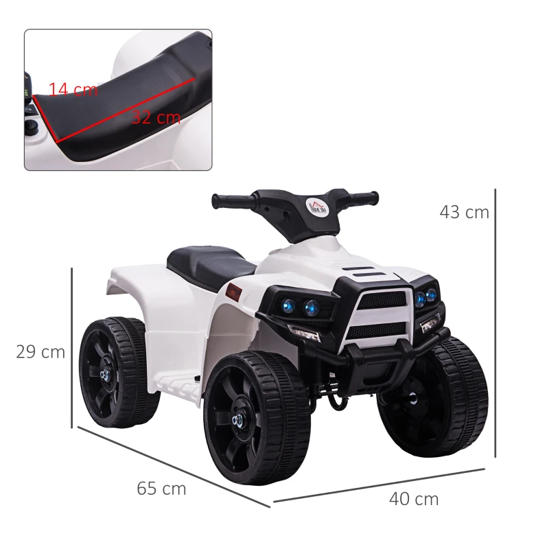 HOMCOM Quad Elettrico per Bambini ATV 6V, Quad per Bambini con Fari e Clacson, Velocità 3km/h, Età 18-36 Mesi, 65x40x43cm, Nero Bianco