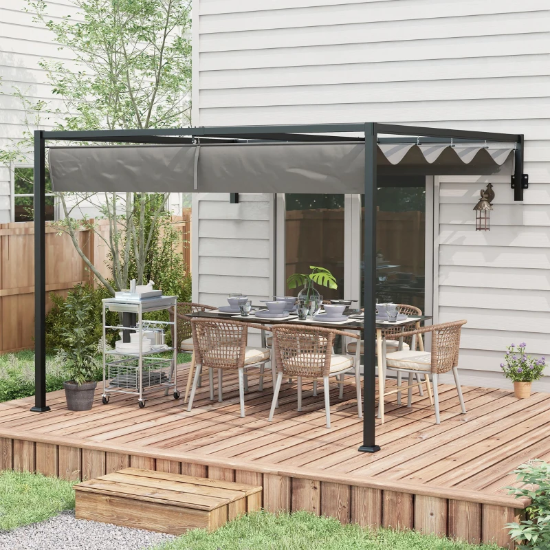 Outsunny Pergola Gazebo 3x4 m con Tettuccio Retrattile e Fori di Drenaggio, in Acciaio e Poliestere, Grigio