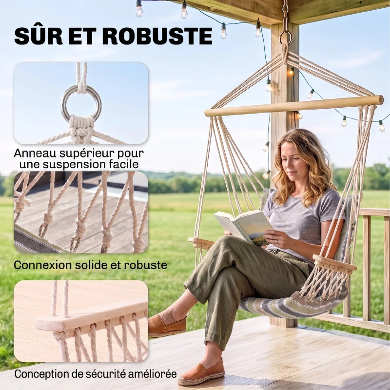 Outsunny Chaise Suspendue hamac de Voyage Respirant Portable dim. 100L x 49l x 106H cm Coton macramé Polyester Multicolore rayé