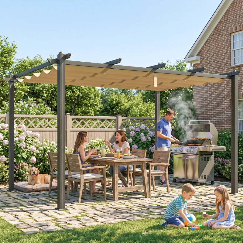 Outsunny 3 x 4m Aluminium Pergola, with Retractable Roof - Khaki