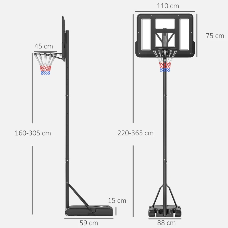 HOMCOM Canestro Basket Altezza Regolabile 160-305cm, Base con Ruote e Struttura in Acciaio, Tabellone in PVC Trasparente