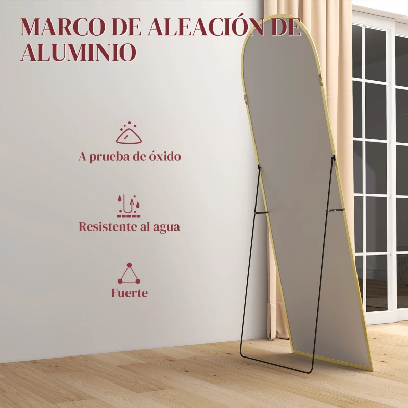 HOMCOM Espejo de Pie Cuerpo Entero de Aleación de Aluminio Espejo de Pared con 2 Formas de Uso Arqueado 60x1,5x165 cm Dorado