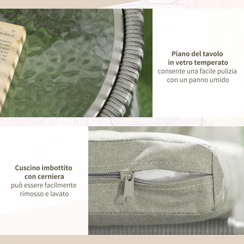 Outsunny Set da Esterno con Tavolino in Vetro e 2 Sedie da Giardino in Rattan Stile Boho, Grigio Chiaro