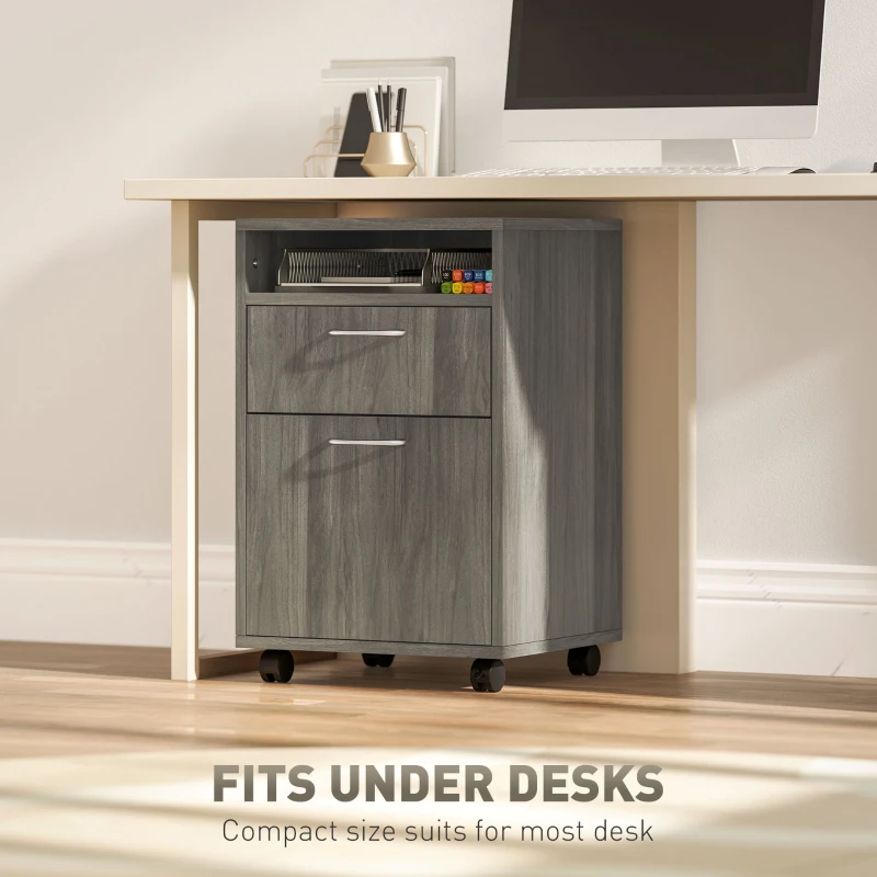HOMCOM Filing Cabinet, Mobile File Cabinet with 2 Drawers, Office Home Organiser on Wheels for A4, Letter-Size File Folders, Mobile Printer with Open Shelf, Grey