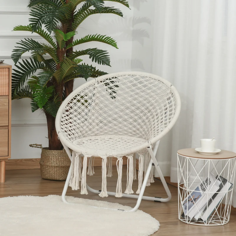 Outsunny Loveuse fauteuil rond de jardin fauteuil lune papasan pliable grand confort macramé coton polyester beige