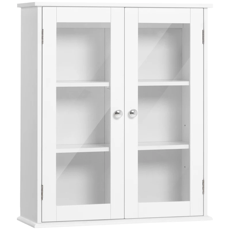kleankin Armario de Pared Baño de 2 Puertas de Cristal Armario Colgante Multiusos para Cocina Salón con Estantes Interiores y Balda Ajustable 55x20x65 cm Blanco