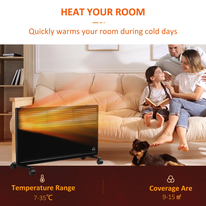 HOMCOM POWER Convector Radiator, Energy Saving Freestanding or Wall-mounted Heating with 2 Heat Settings Safety Cut-Off, Black