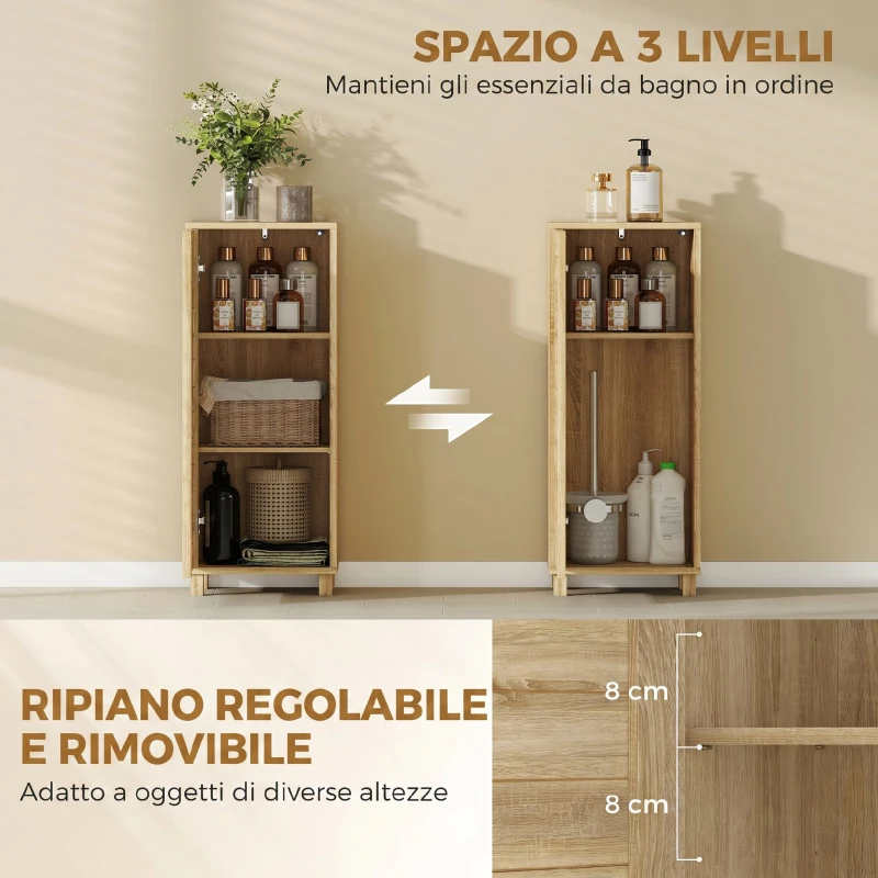 HOMCOM Mobile da Bagno Slim con Porta a Doghe, 3 Ripiani, Finitura Naturale