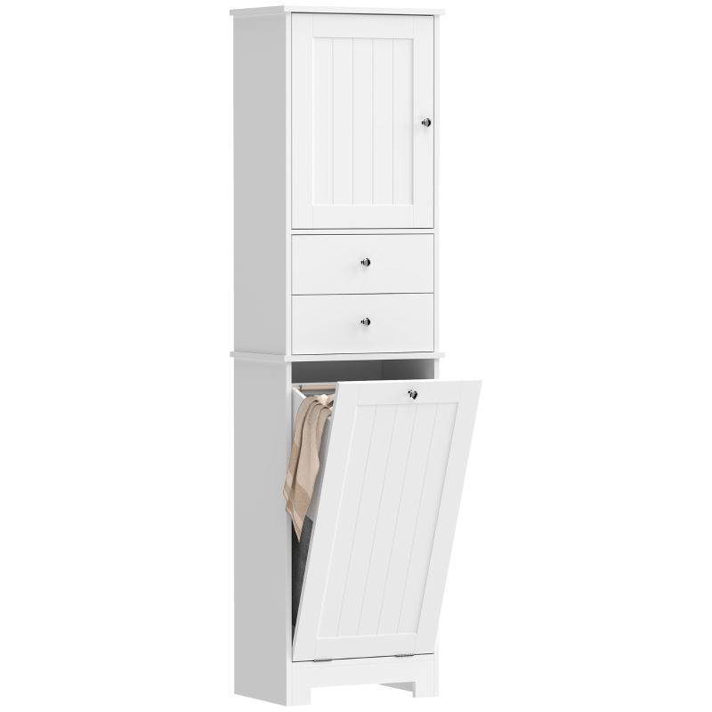 HOMCOM Mobile Bagno con Cesto per Biancheria Pieghevole, Armadietto e 2 Cassetti, in Legno, 45x30x171 cm, Bianco