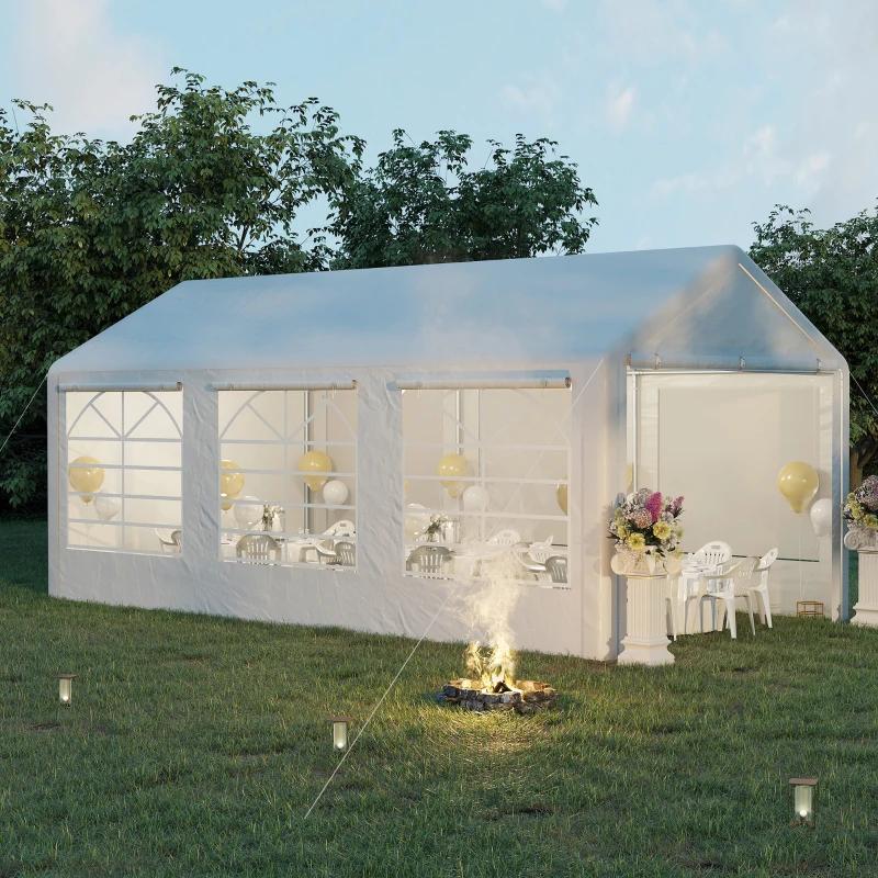 Outsunny Gazebo da Giardino 6x3 m con Finestre Laterali, 3 Stanze e Porte a Cerniera, Bianco