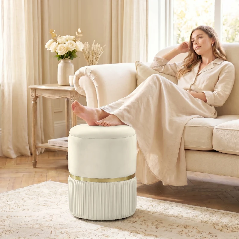 HOMCOM Round Storage Stool, Velvet-feel Fabric Upholstered Vanity Stool with Removable Top, Padded Seat and Hidden Space, Beige