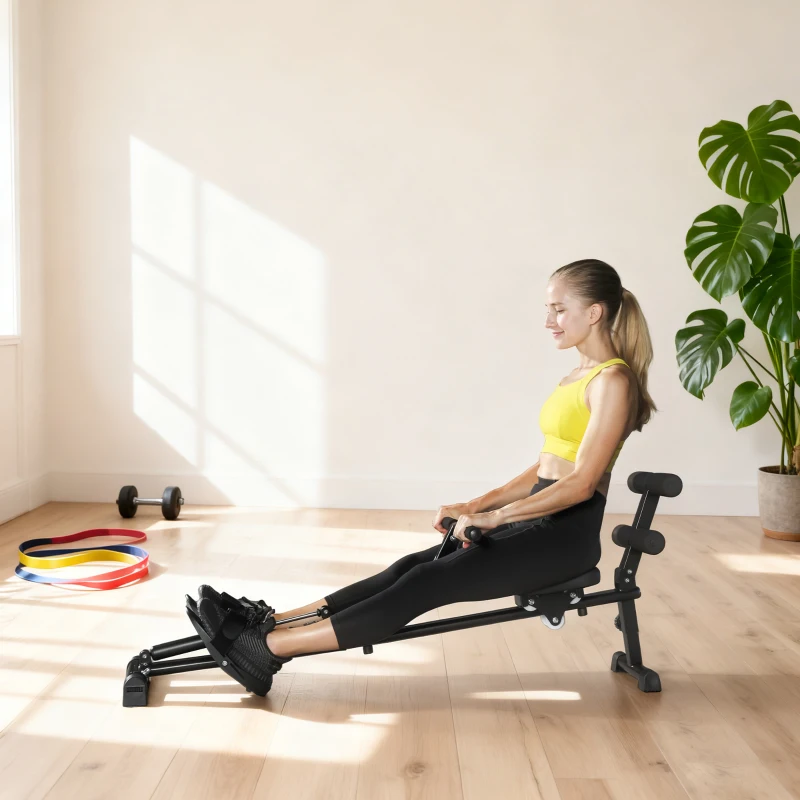 SPORTNOW Rudermaschine, Rudergerät für Situps, 12-stufig verstellbar, 2-in-1 Kardiogerät, LCD-Anzeige, Stahl, Kunststoff, Schwarz