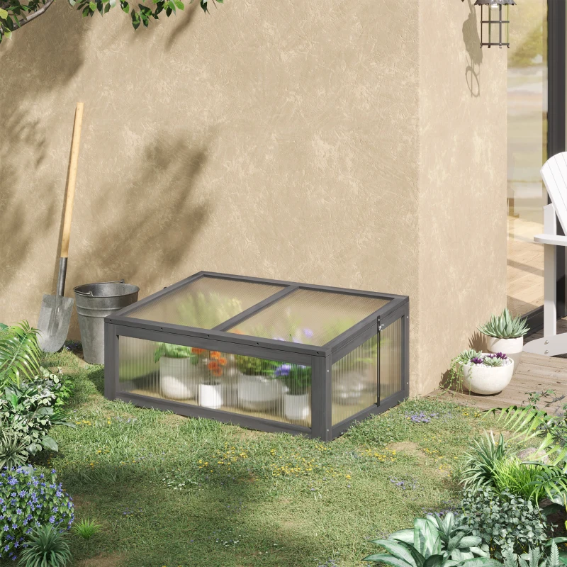 Outsunny Wooden Cold Frame, Small Polycarbonate Greenhouse for Plants with Openable & Tilted Top Cover, Grey, 100 x 65 x 40cm