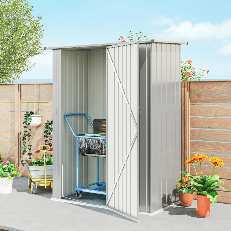 Outsunny Capanno Porta Attrezzi in Metallo con Tetto Inclinato e Porta Bloccabile, 142x86x189 cm, Argento