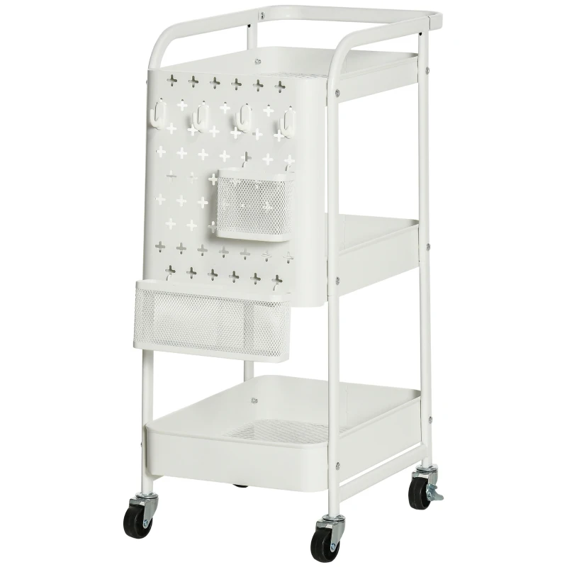 HOMCOM Desserte chariot de rangement en métal chariot de service à roulettes 3 niveaux avec 2 range-couverts 4 crochets
