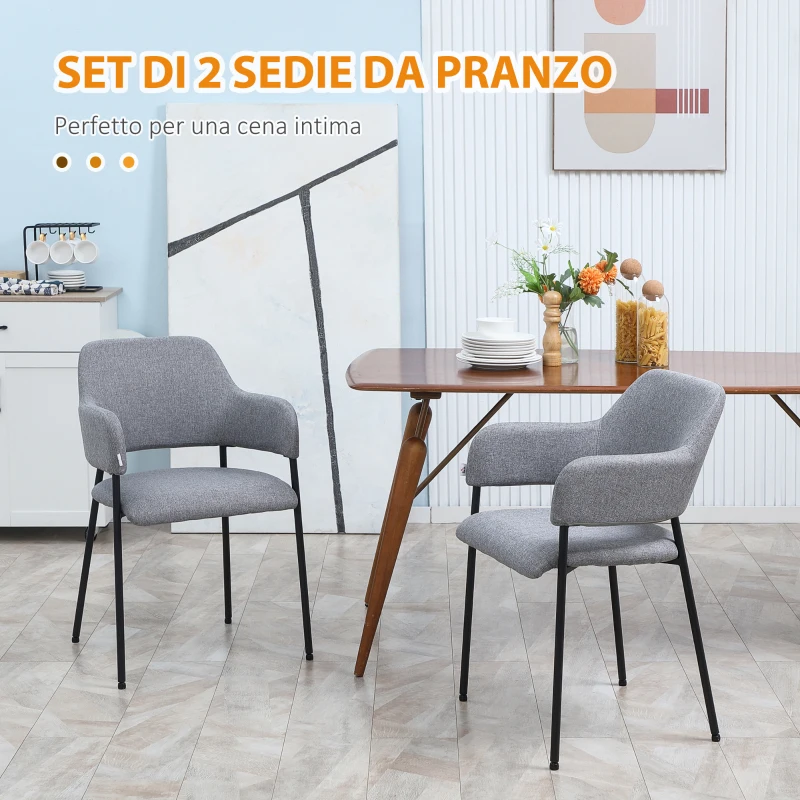 HOMCOM Set da 2 Sedie Imbottite Moderne in Tessuto con Braccioli e Gambe in Acciaio, 54x54x84cm, Grigio