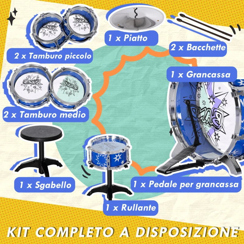 AIYAPLAY Set Batteria per Bambini con Grancassa con Pedale, Tamburi, Piatto e Sgabello, Età 3-6 Anni, Blu